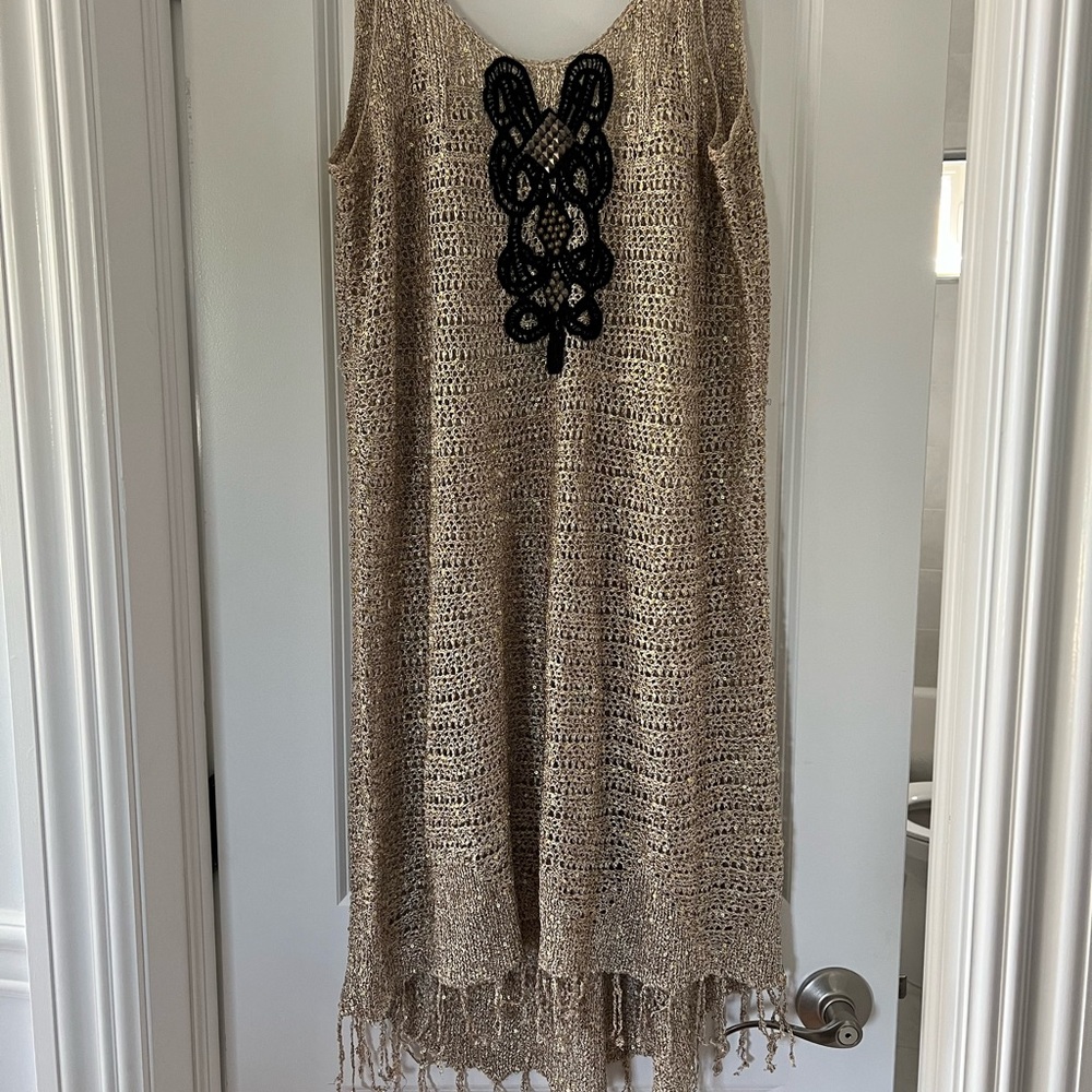 Free People Tan Crochet Swim Coverup with Black Embellishment